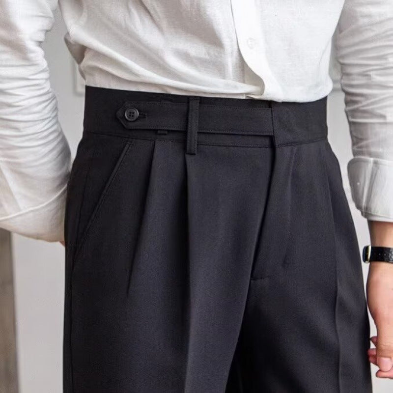 Men's High Waist Pleated Trousers with Side Adjusters