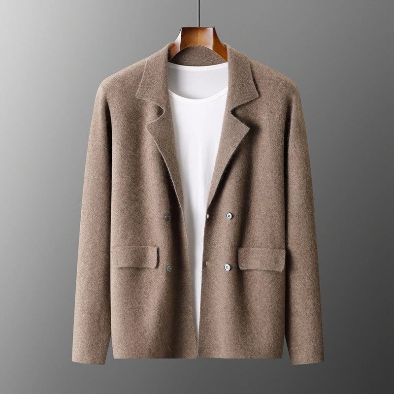 Men's Knit Blazer with Patch Pockets and Double-Breasted Front - Camel