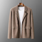 Men's Knit Blazer with Patch Pockets and Double-Breasted Front - Camel