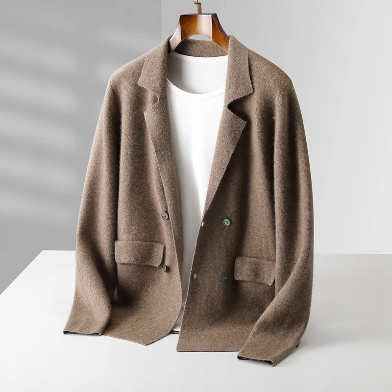 Men's Knit Blazer with Patch Pockets and Double-Breasted Front