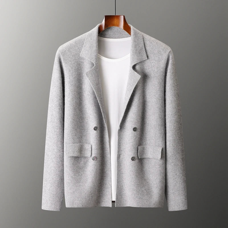 Men's Knit Blazer with Patch Pockets and Double-Breasted Front - Light Gray