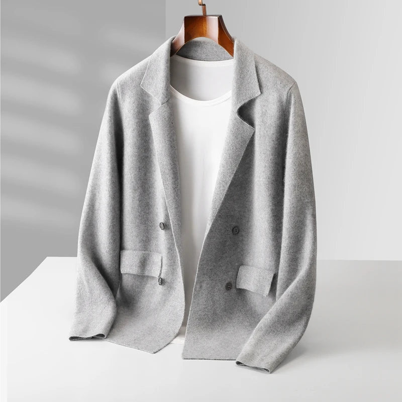 Men's Knit Blazer with Patch Pockets and Double-Breasted Front