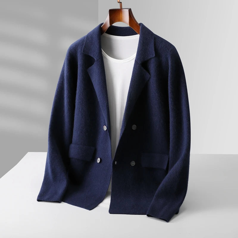 Men's Knit Blazer with Patch Pockets and Double-Breasted Front - Navy Blue