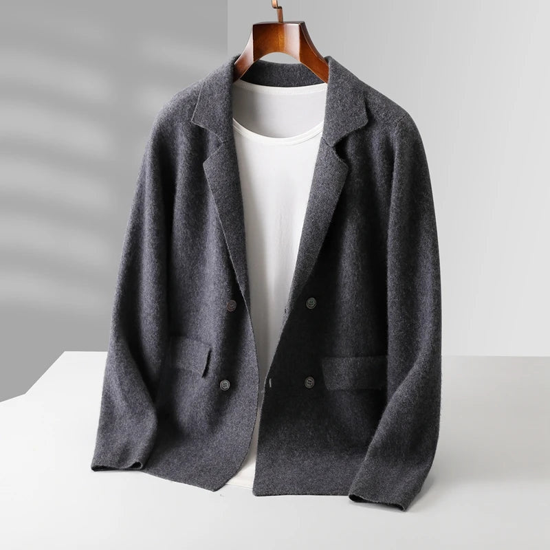 Men's Knit Blazer with Patch Pockets and Double-Breasted Front - Dark Gray