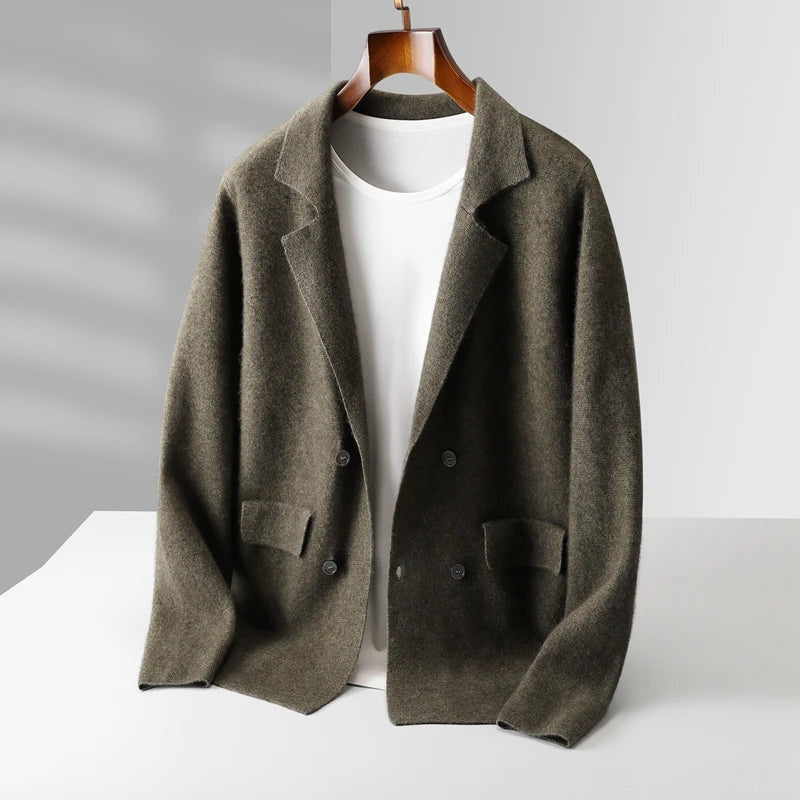 Men's Knit Blazer with Patch Pockets and Double-Breasted Front - Army Green