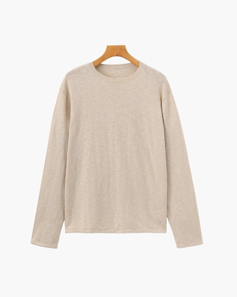 Men's Lightweight Crew Neck Sweater with Ribbed Trims - Beige