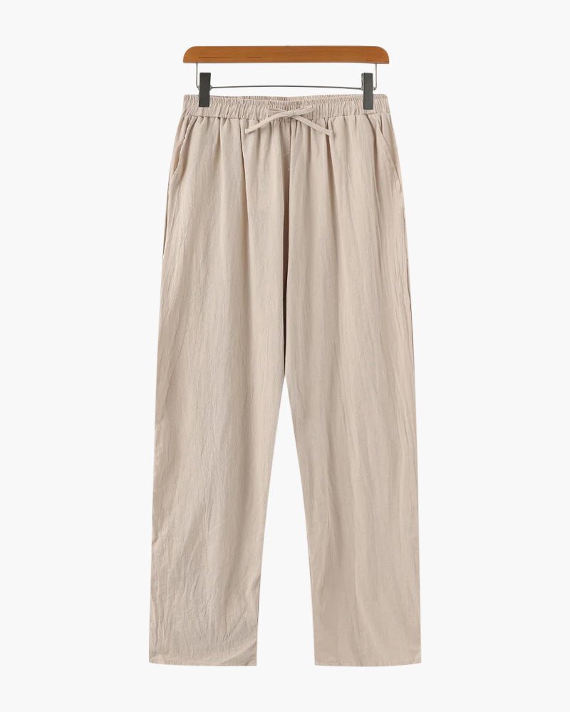 Men's Linen-Look Straight Trousers with Drawstring Waist - Beige