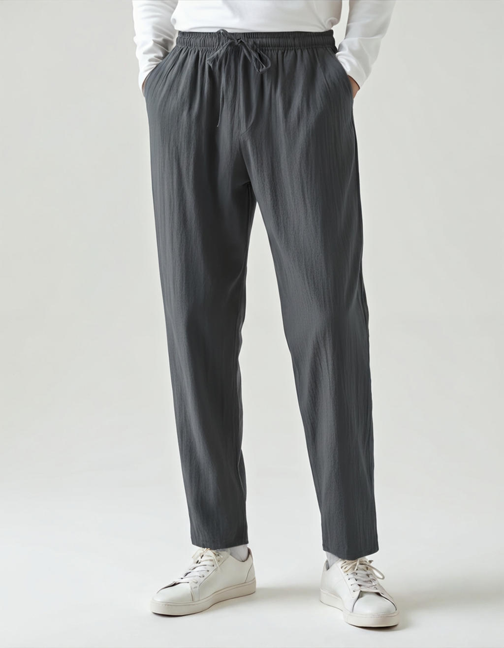 Men's Linen-Look Straight Trousers with Drawstring Waist