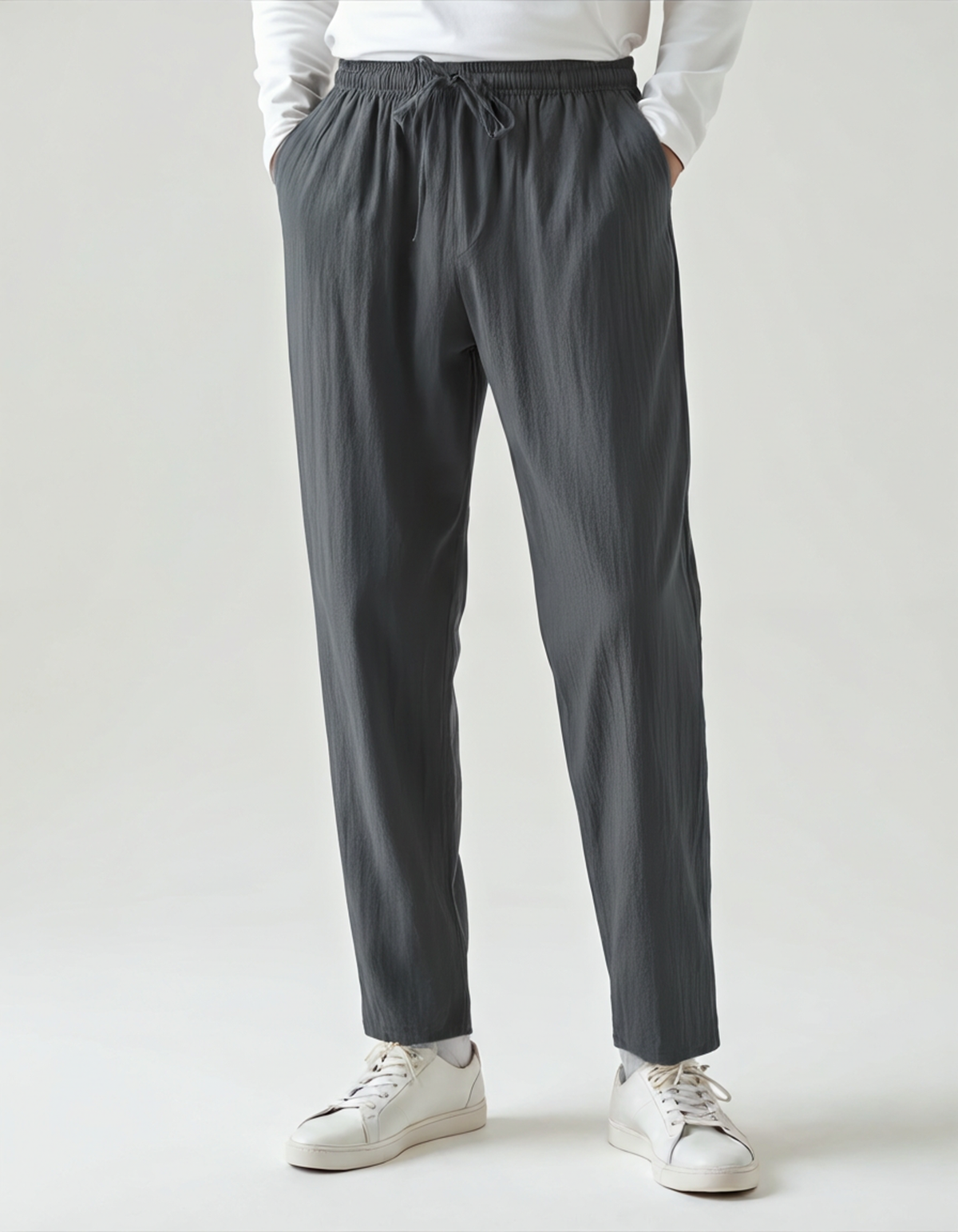 Men's Linen-Look Straight Trousers with Drawstring Waist