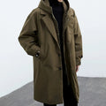 Men's Long Hooded Coat with Button Front and Side Pockets - Army Green
