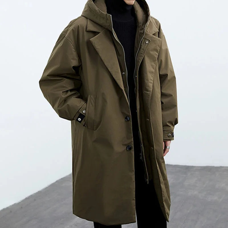 Men's Long Hooded Coat with Button Front and Side Pockets - Army Green