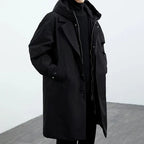 Men's Long Hooded Coat with Button Front and Side Pockets