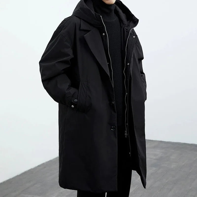 Men's Long Hooded Coat with Button Front and Side Pockets