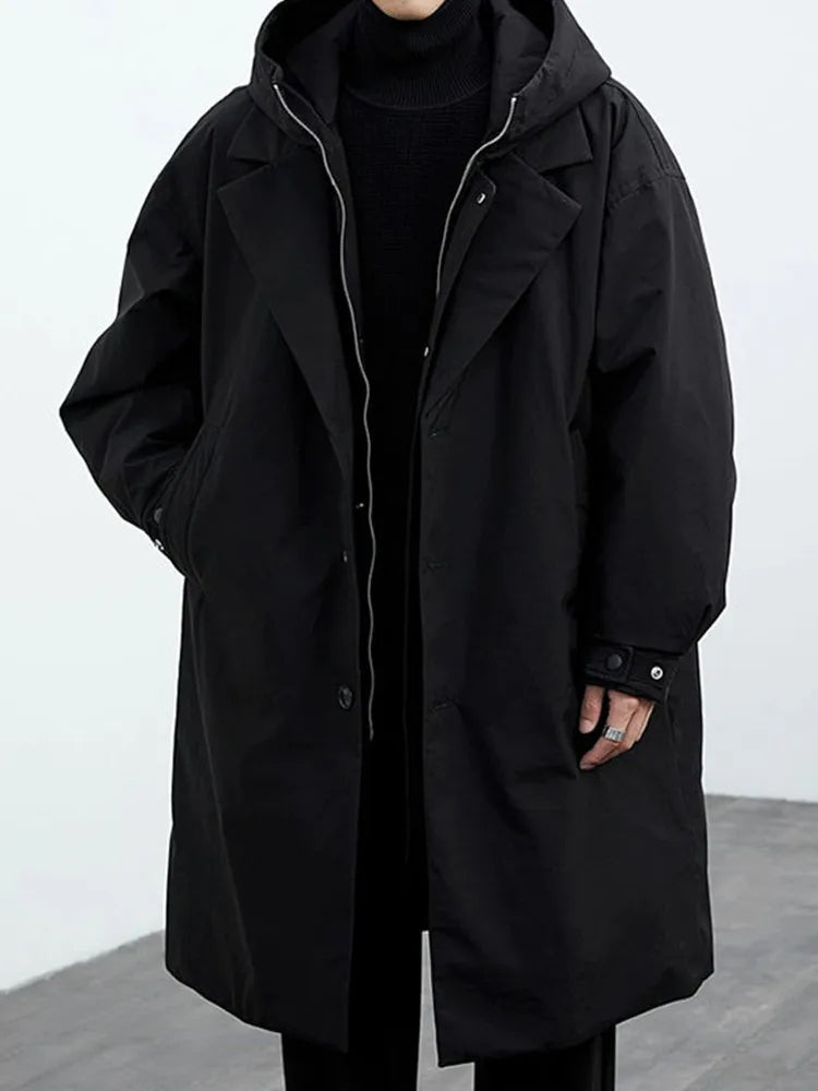 Men's Long Hooded Coat with Button Front and Side Pockets