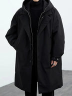 Men's Long Hooded Coat with Button Front and Side Pockets