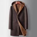 Men's Long Hooded Coat with Contrast Facing and Button Front - Yellow Brown