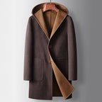 Men's Long Hooded Coat with Contrast Facing and Button Front - Yellow Brown