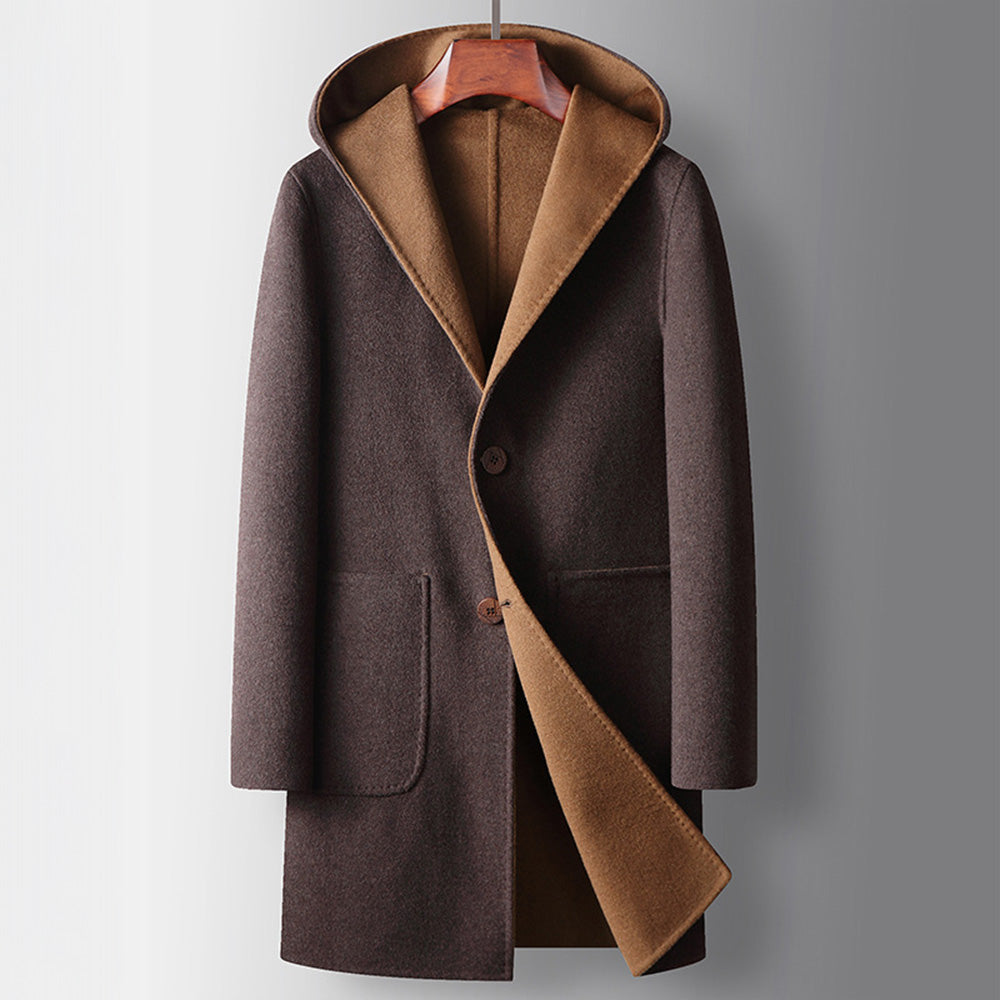Men's Long Hooded Coat with Contrast Facing and Button Front - Yellow Brown