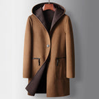 Men's Long Hooded Coat with Contrast Facing and Button Front