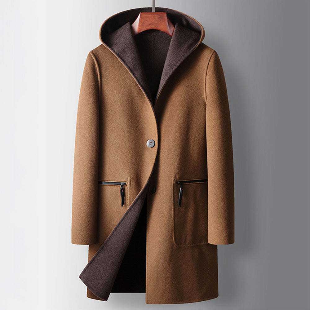 Men's Long Hooded Coat with Contrast Facing and Button Front