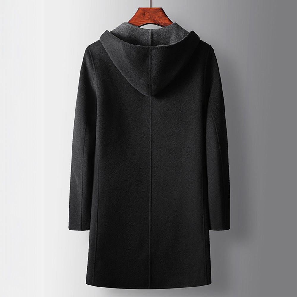 Men's Long Hooded Coat with Contrast Facing and Button Front