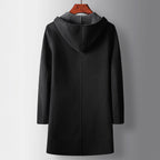 Men's Long Hooded Coat with Contrast Facing and Button Front