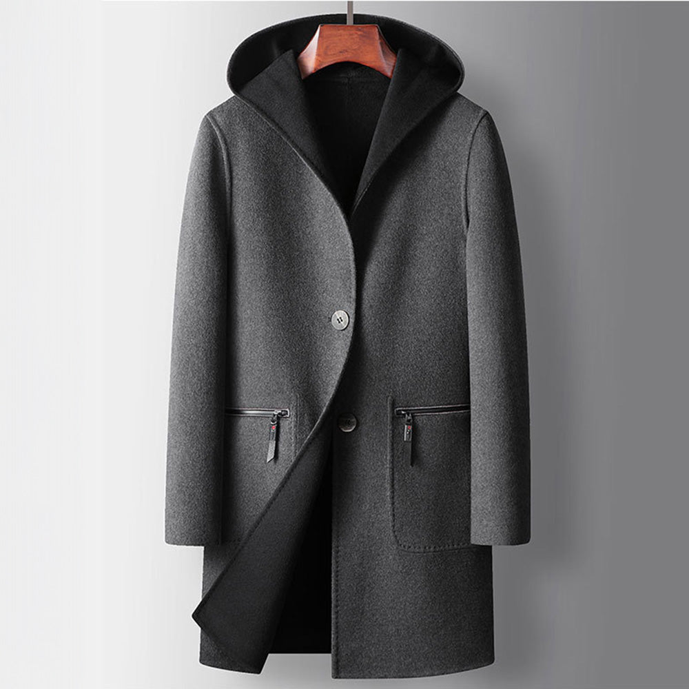 Men's Long Hooded Coat with Contrast Facing and Button Front