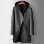 Men's Long Hooded Coat with Contrast Facing and Button Front