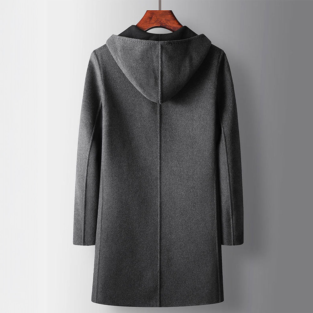 Men's Long Hooded Coat with Contrast Facing and Button Front
