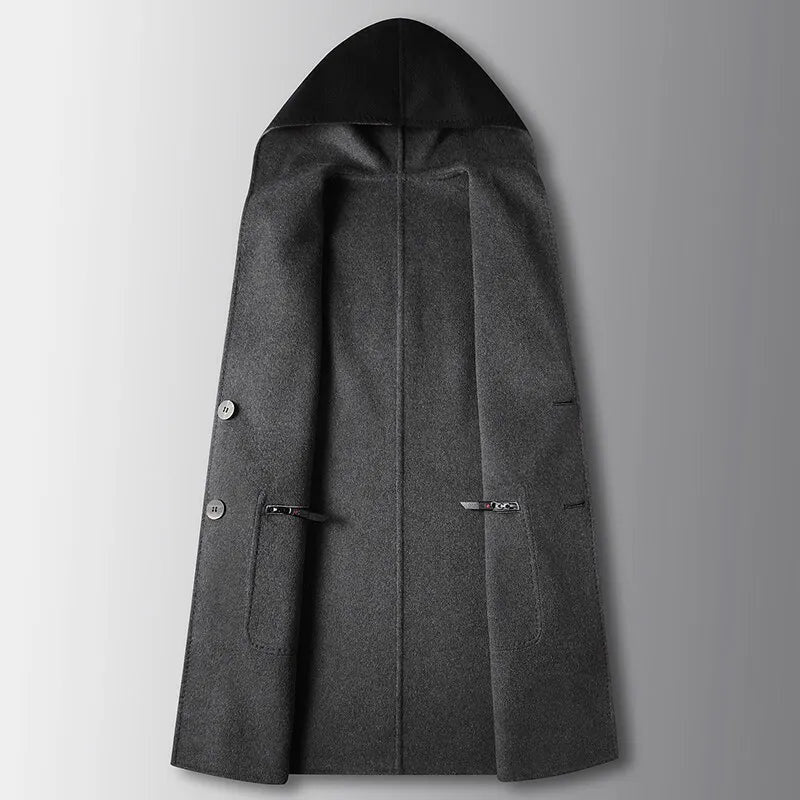 Men's Long Hooded Coat with Contrast Facing and Button Front