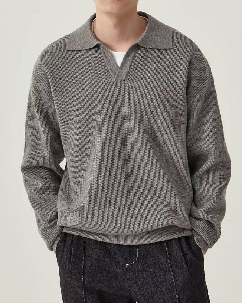 Men's Long Sleeve Knit Polo Sweater with Open Collar - Gray