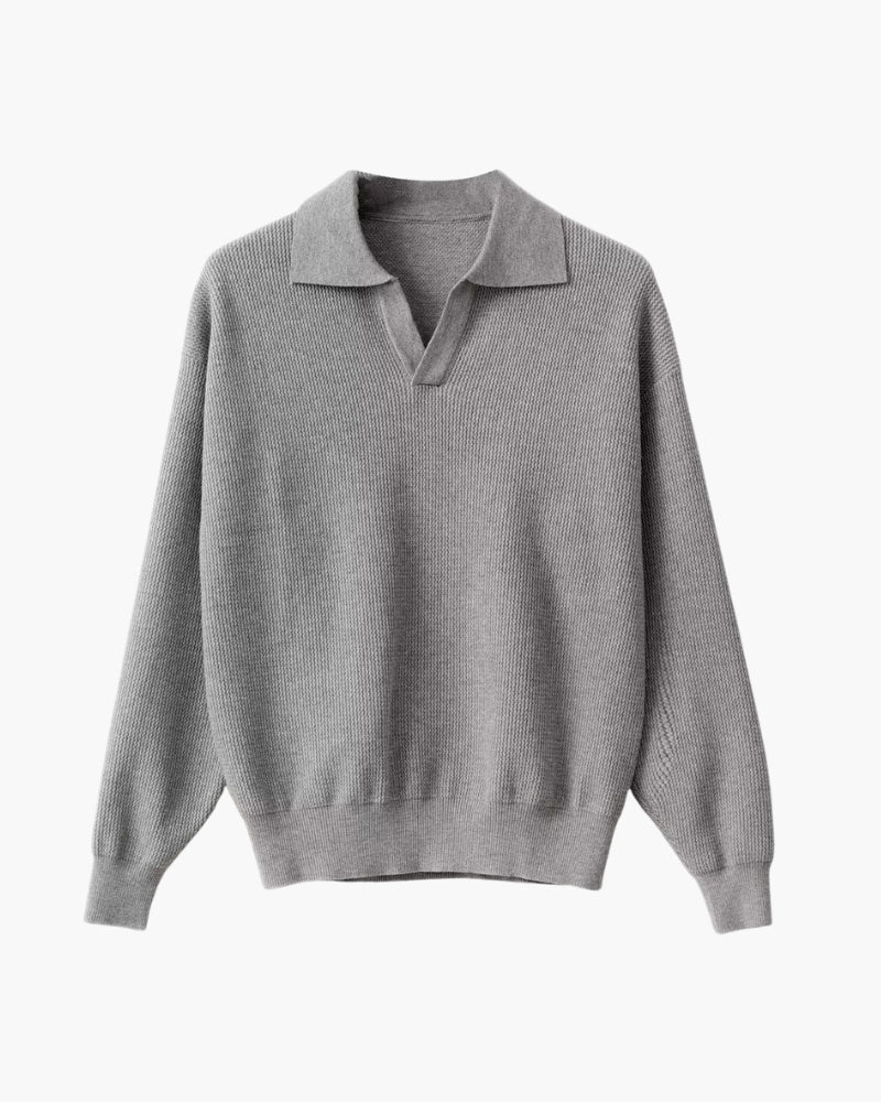 Men's Long Sleeve Knit Polo Sweater with Open Collar