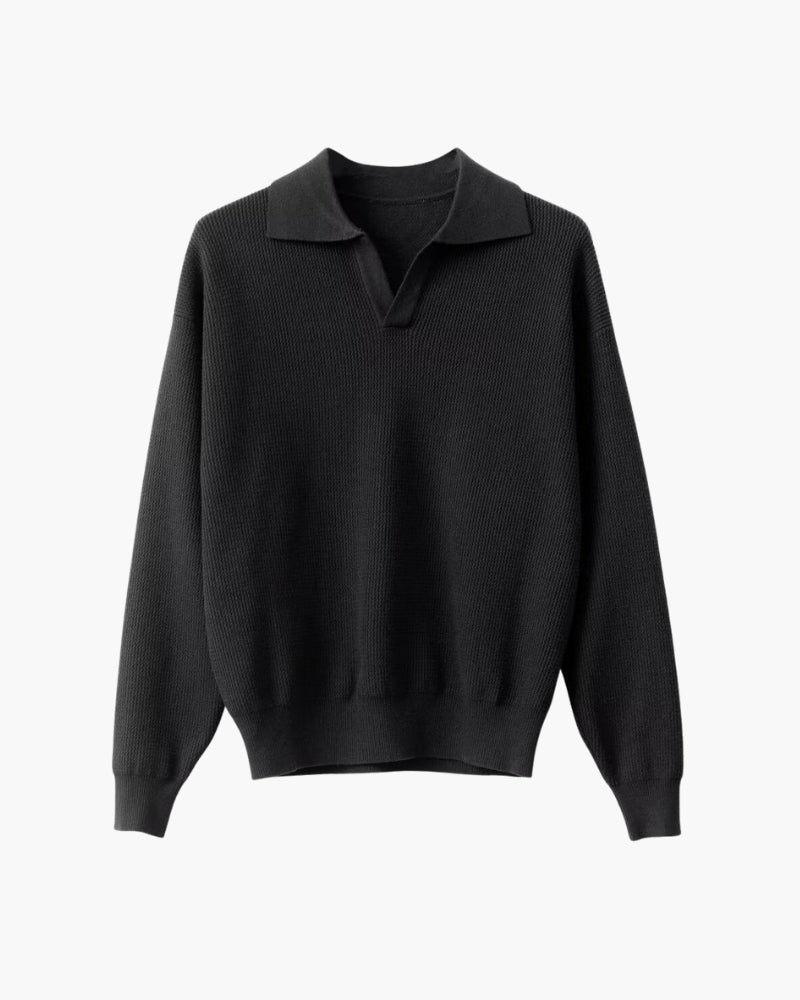 Men's Long Sleeve Knit Polo Sweater with Open Collar - Black
