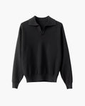 Men's Long Sleeve Knit Polo Sweater with Open Collar - Black