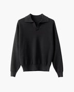 Men's Long Sleeve Knit Polo Sweater with Open Collar - Black