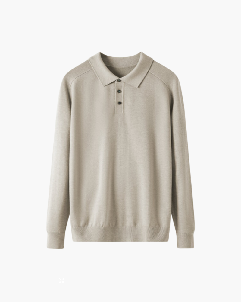 Men's Long Sleeve Knit Polo with Button Placket - Beige
