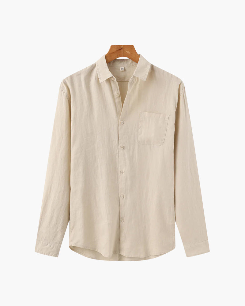 Men's Long Sleeve Linen-Look Shirt with Point Collar - Beige