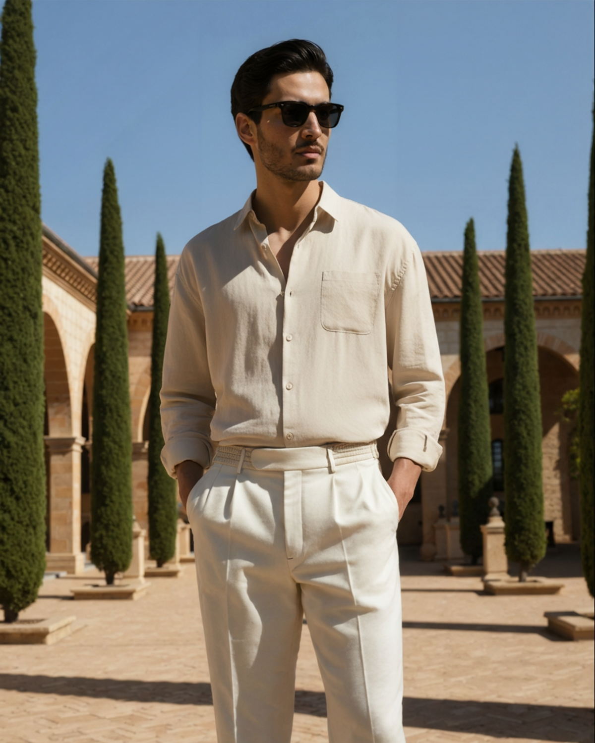 Men's Long Sleeve Linen-Look Shirt with Point Collar