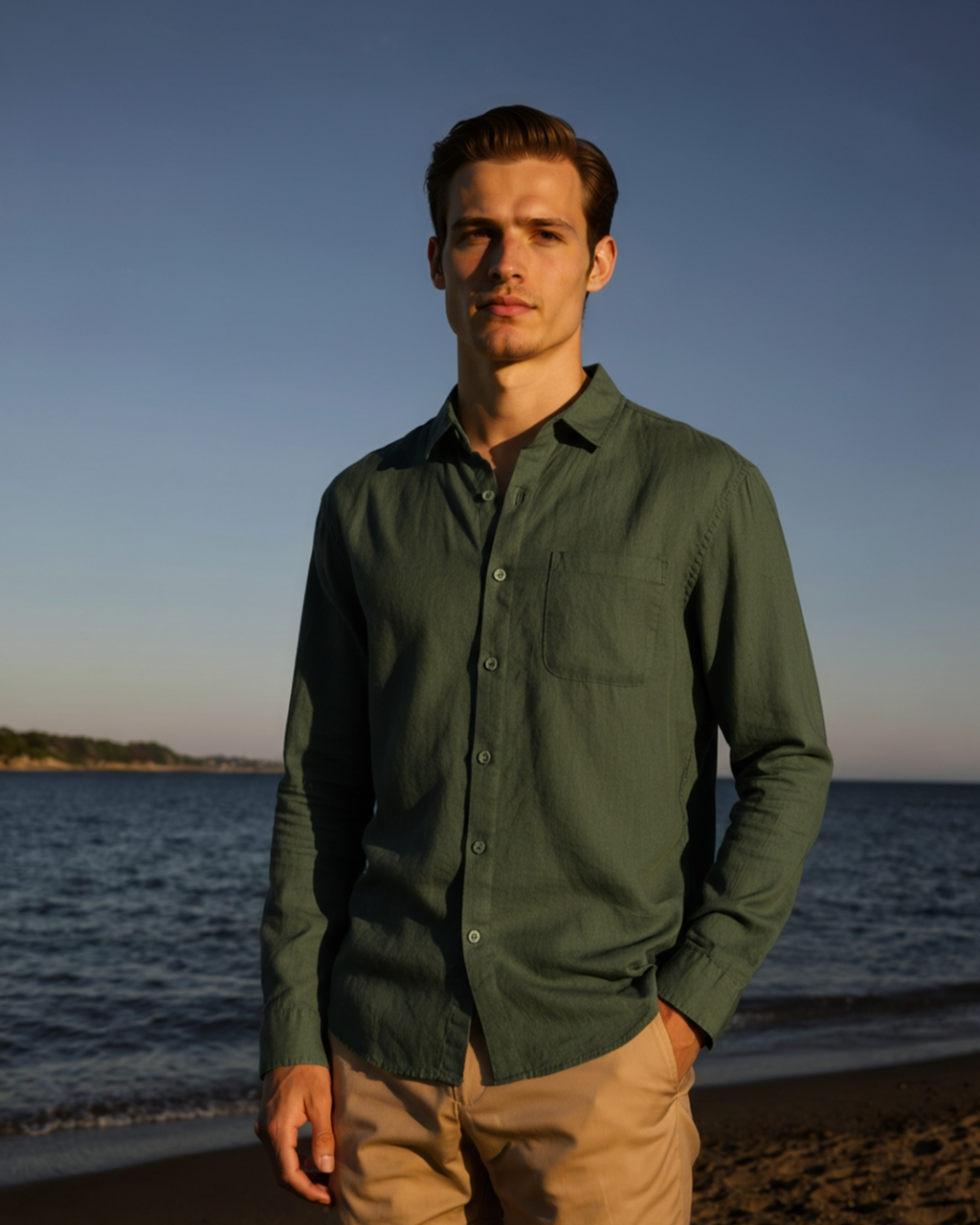 Men's Long Sleeve Linen-Look Shirt with Point Collar