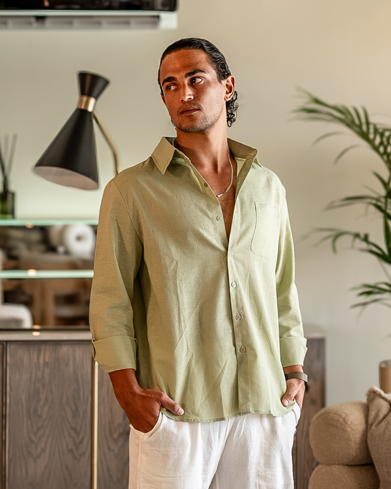 Men's Long Sleeve Linen-Look Shirt with Point Collar
