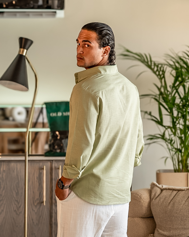 Men's Long Sleeve Linen-Look Shirt with Point Collar