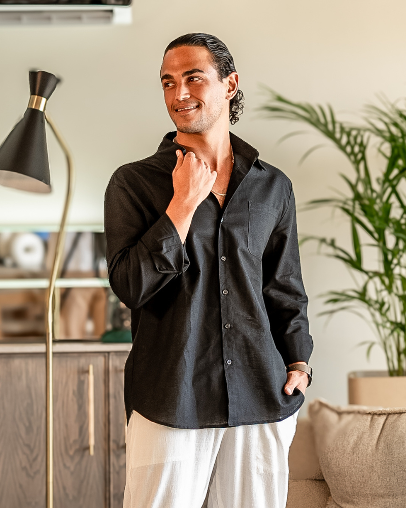 Men's Long Sleeve Linen-Look Shirt with Point Collar