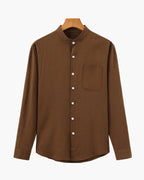 Men's Mandarin Collar Shirt with Relaxed Textured Weave - Brown