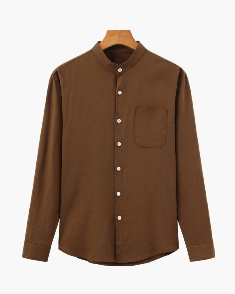 Men's Mandarin Collar Shirt with Relaxed Textured Weave - Brown