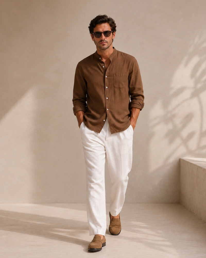 Men's Mandarin Collar Shirt with Relaxed Textured Weave