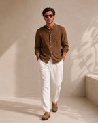 Men's Mandarin Collar Shirt with Relaxed Textured Weave