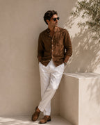 Men's Mandarin Collar Shirt with Relaxed Textured Weave