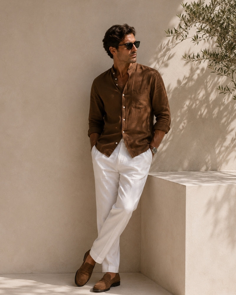 Men's Mandarin Collar Shirt with Relaxed Textured Weave
