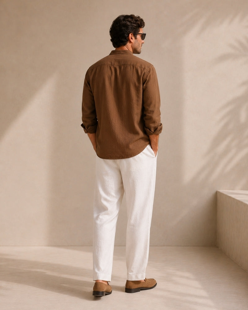 Men's Mandarin Collar Shirt with Relaxed Textured Weave