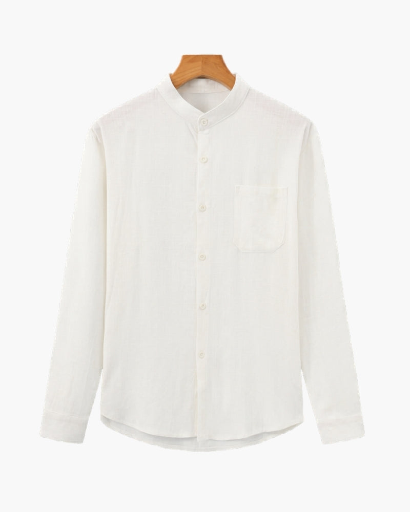 Men's Mandarin Collar Shirt with Relaxed Textured Weave - White